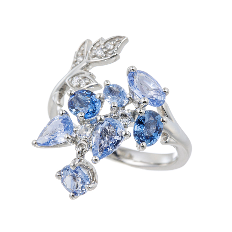 PT950 サファイア レインボームーンストーン ダイヤ フルーティー リング