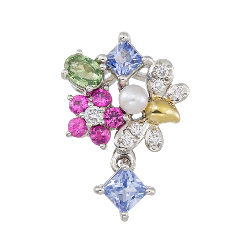 PT950/K18YG アイスブルーサファイア ＆ グリーンサファイア & ピンクサファイア ダイヤ