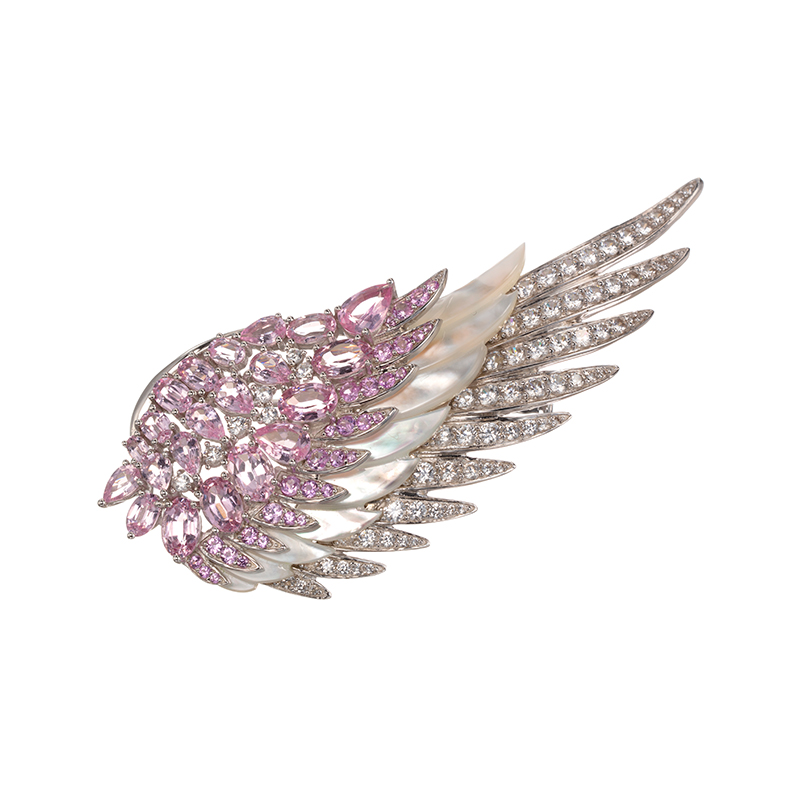 パラジウムシルバー950タミンゴスピネルピンクサファイア天然ホワイトジルコン白蝶貝Miaブローチ