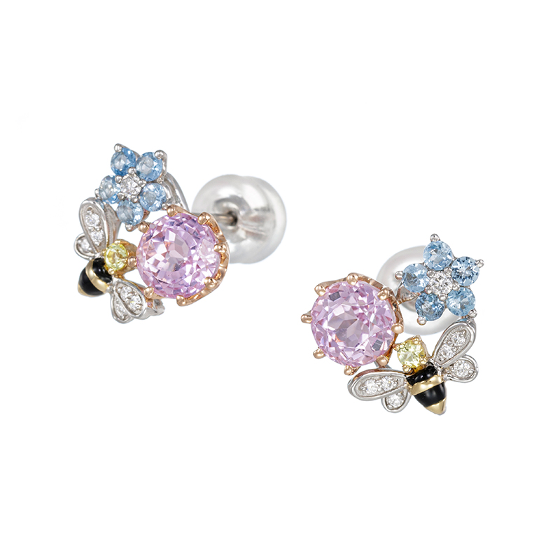 PT950/K18PG/YGクンツァイトアクアマリンカナリートルマリンダイヤエナメルBEEピアス