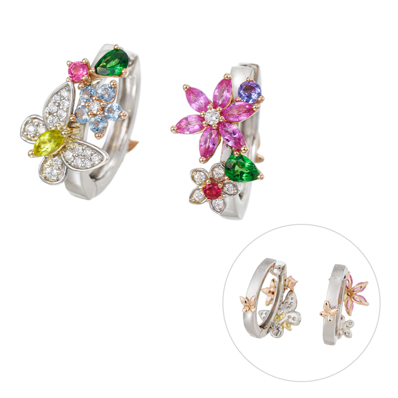 PT950/K18PG/YGピンクサファイアツァボライトアクアマリンダイヤフラワーガーデンピアス