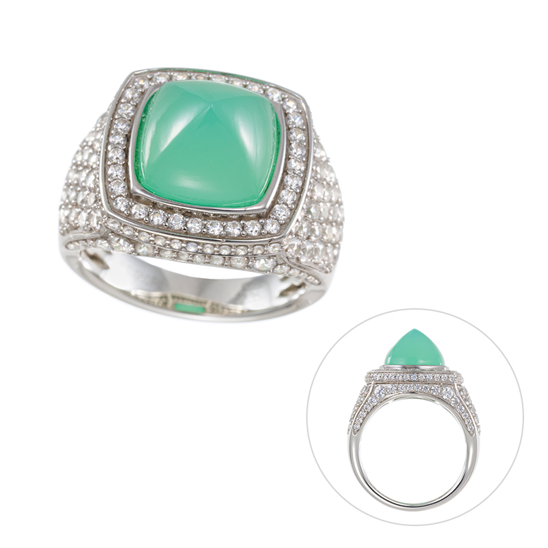 パラジウムシルバー950シュガーローフカットクリソプレーズ天然ホワイトジルコンリュクスローフリング