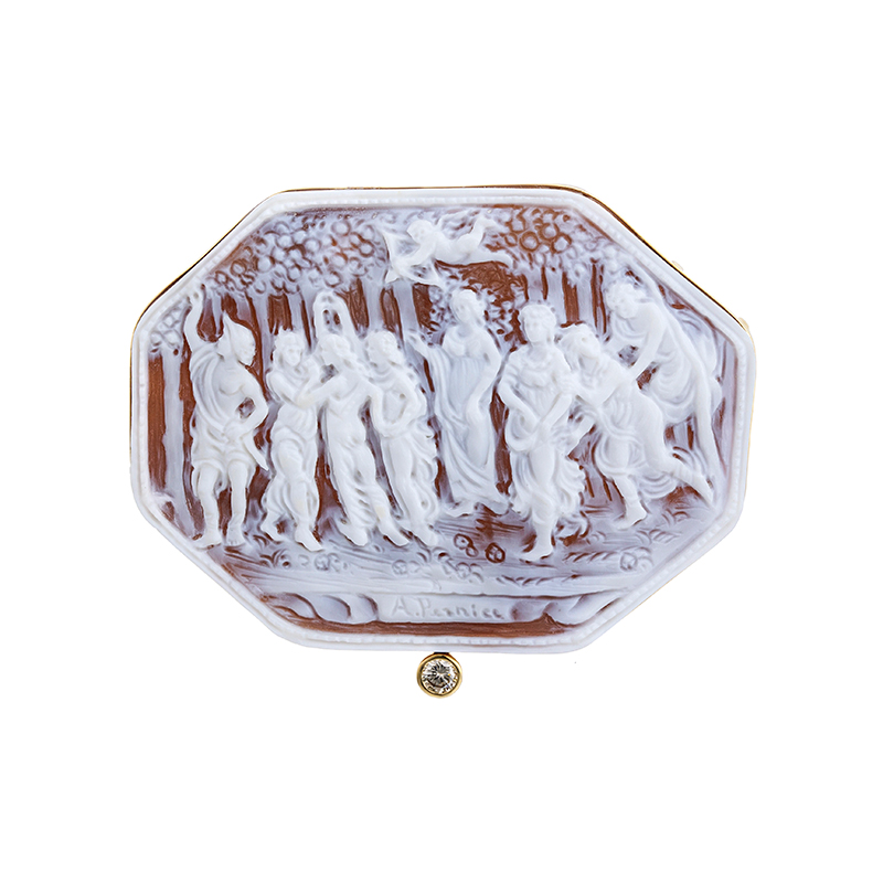 K18YGアニエッロ・ペルニーチェシェルカメオブラウンダイヤペンダントブローチカメオ約45×60mm