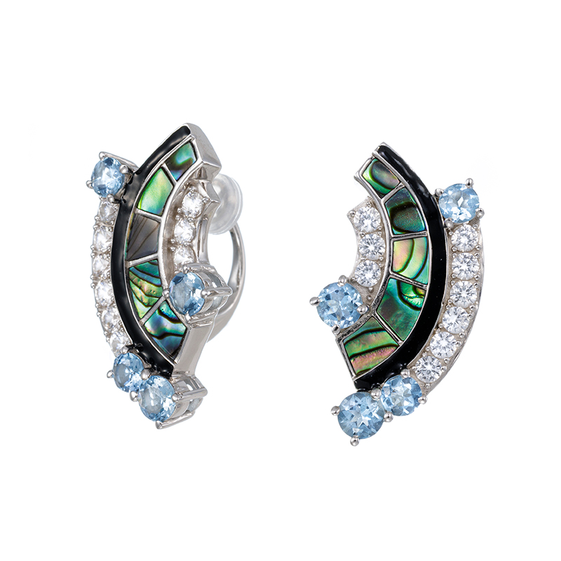 パラシル950 アクアマリン アバロンシェル 天然ホワイトジルコン Mia フェザータッチイヤリング