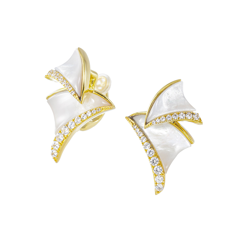 パラジウムシルバー950白蝶貝天然ホワイトジルコンMiaフェザータッチイヤリングZI約0.80ct