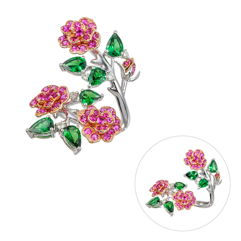 PT950/K18PG ルビー ツァボライト ダイヤ ローズ ピアリングリング 13～20号