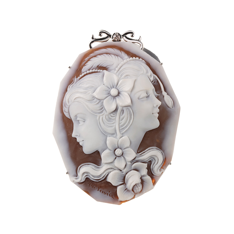 PT950アニエッロ・ペルニーチェシェルカメオブラウンダイヤペンダントブローチカメオ約64×50mm
