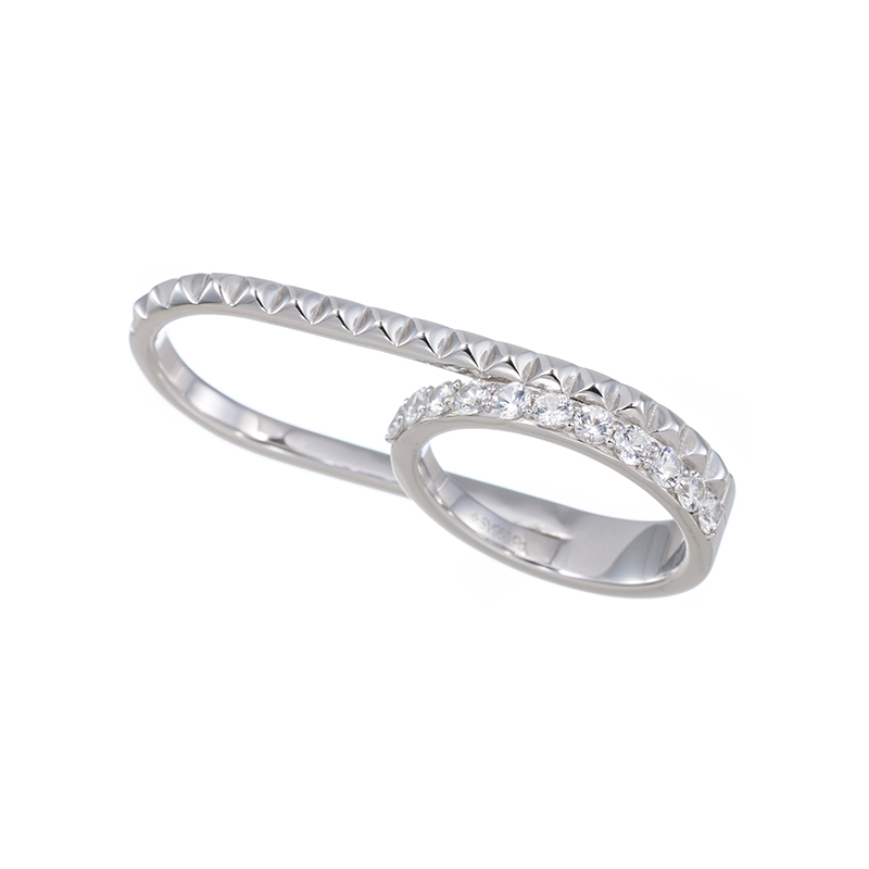 パラジウムシルバー950天然ホワイトジルコンスタッズダブルフィンガーリングZI約0.80ct