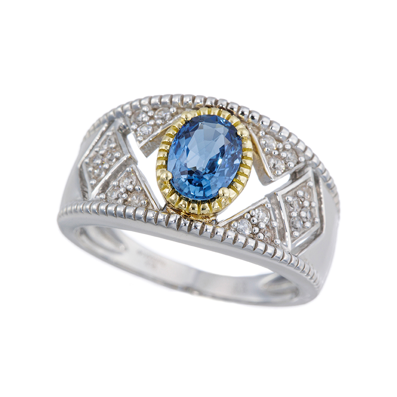 パラジウムシルバー950/K18YG サファイア 天然ホワイトジルコン リング