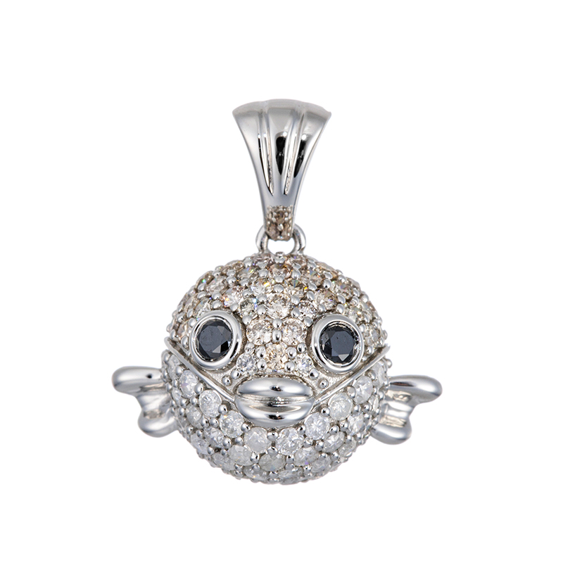 PT950スノーダイヤモンド&ブラウンダイヤ&ブラックダイヤ(トリート)フグペンダントトップ