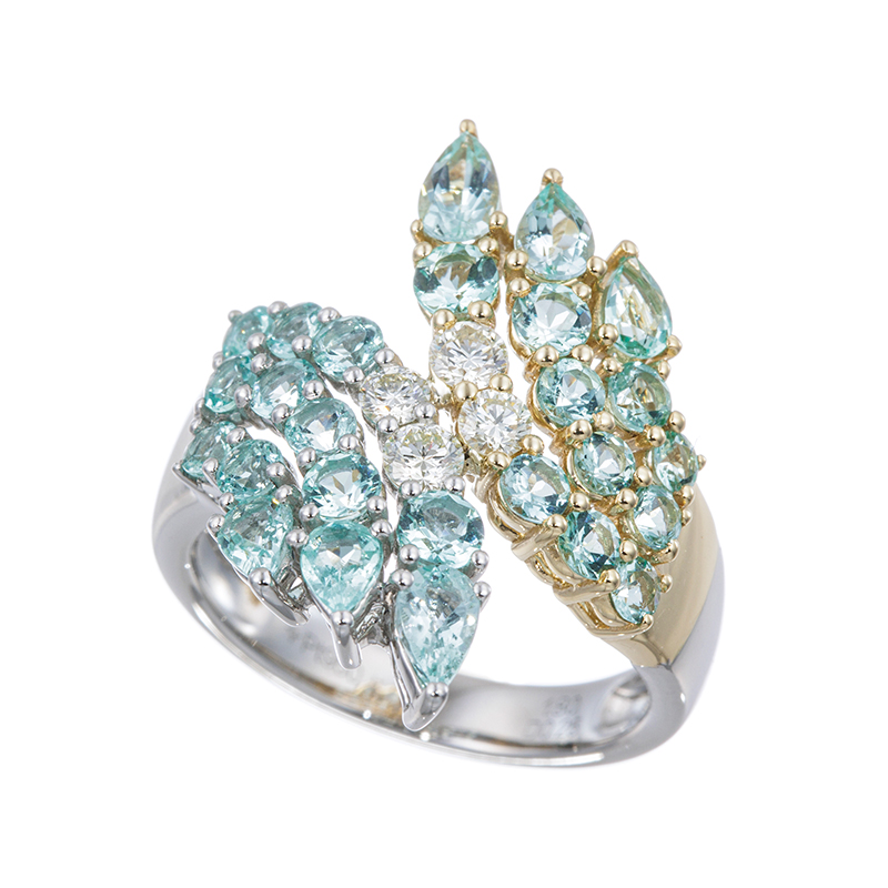 PT950/K18YG ヴィヴィッドシーブルーベリル ダイヤ リキッドエッジ リング