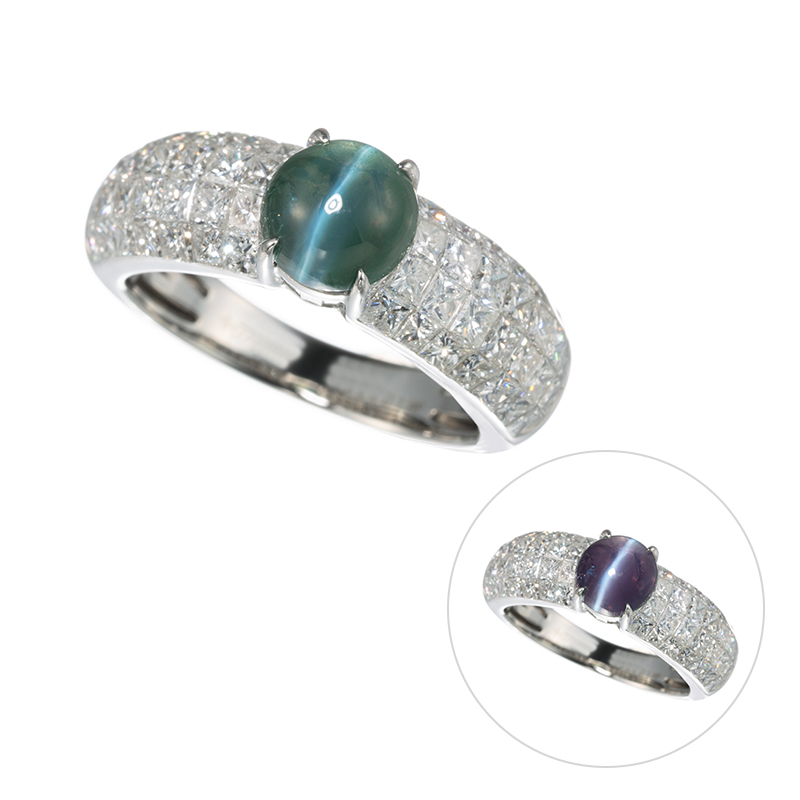 PT950 ブラジル産アレキサンドライトキャッツアイ ダイヤ ミステリーセッティング リング