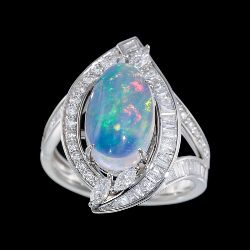 PT950 ウォーターオパール ダイヤ リング OP 3.394ct D 1.00ct 