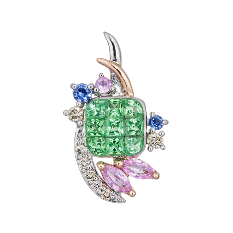 PT950/K18PG ツァボライトサファイアブラウンダイヤミステリーセッティング ペンダントトップ