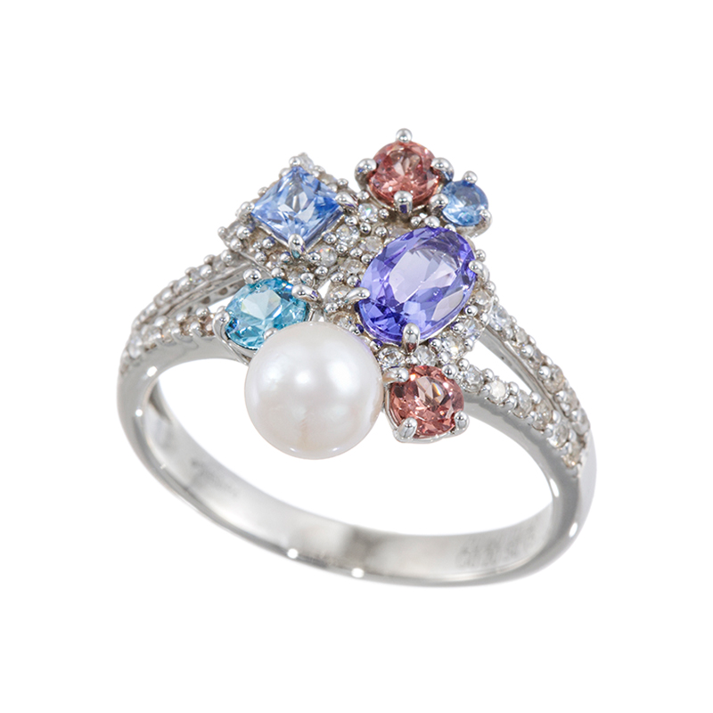 パラジウムシルバー950アコヤ真珠タンザナイトガーネットアイスブルーサファイアリング
