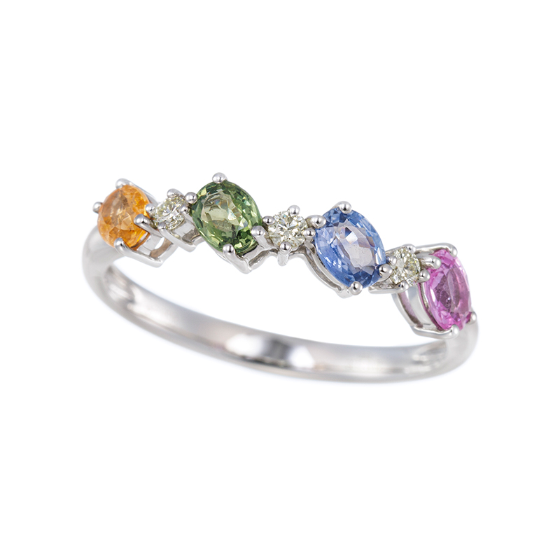 PT950 グリーン & ピンク & アイスブルーサファイア スペサタイトガーネット ダイヤ リング