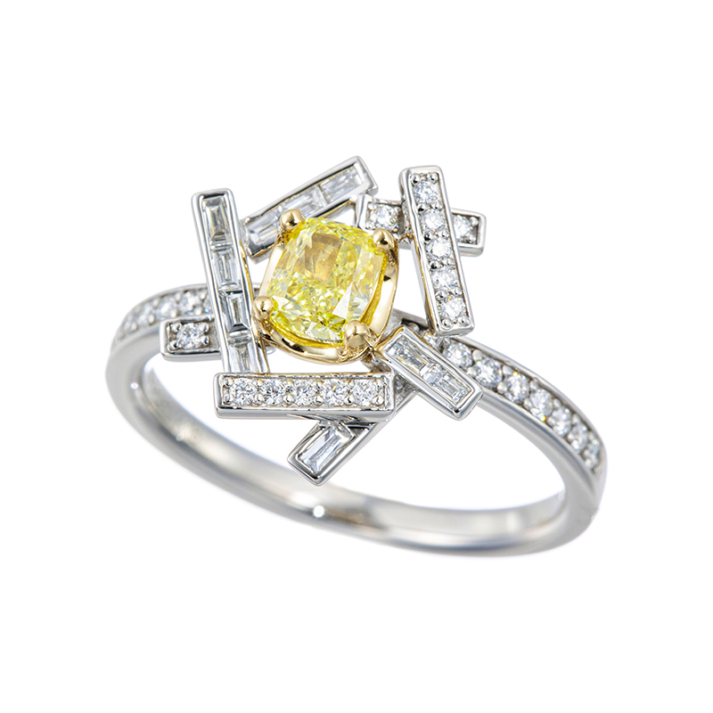 PT950/K18YGファンシーインテンスイエローダイヤ&ダイヤリングYD約0.50ct(SI2)