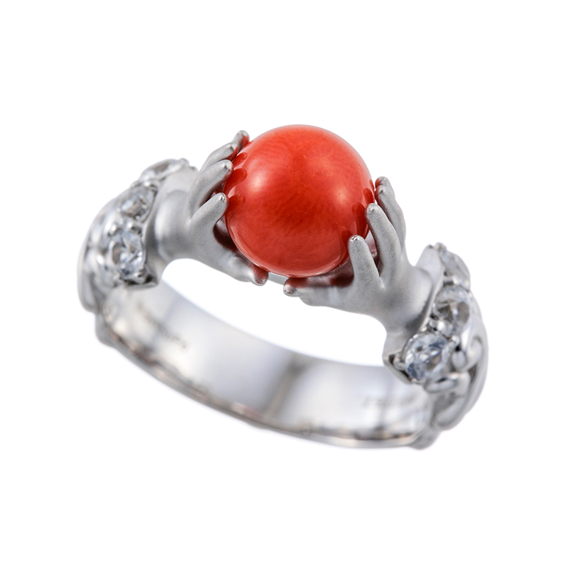 パラジウムシルバー950 地中海サンゴ 天然ホワイトジルコン Mano リング