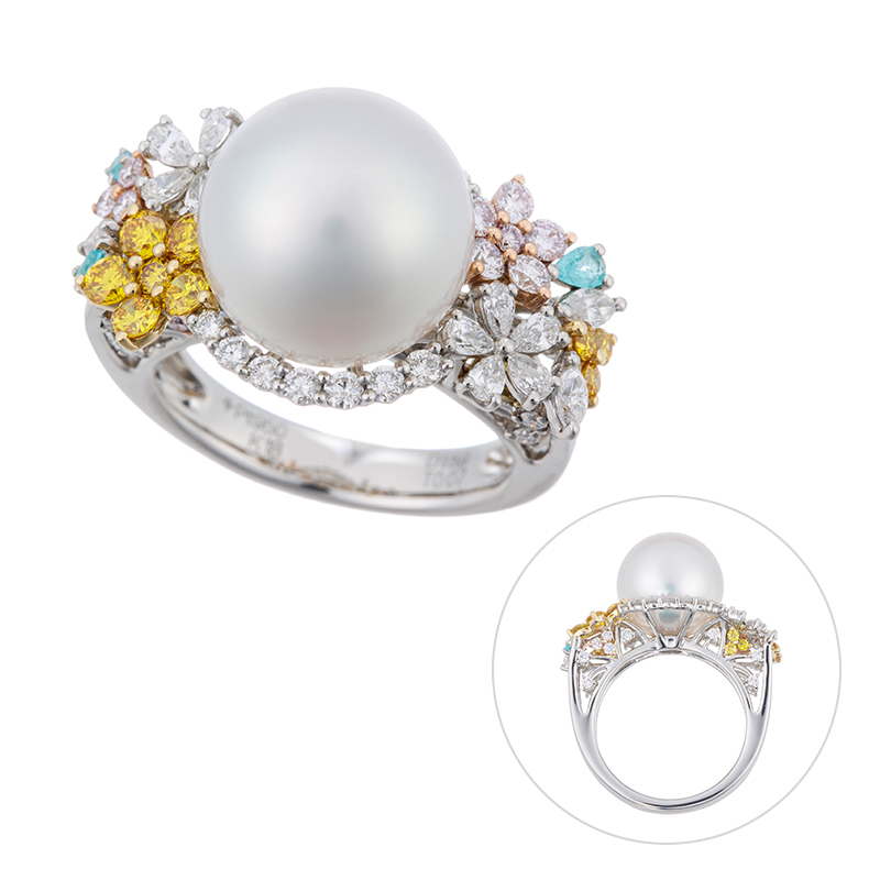 PT950/K18PG/YG白蝶真珠(オーロラヴィーナス)ダイヤパライバトルリングP約12mm