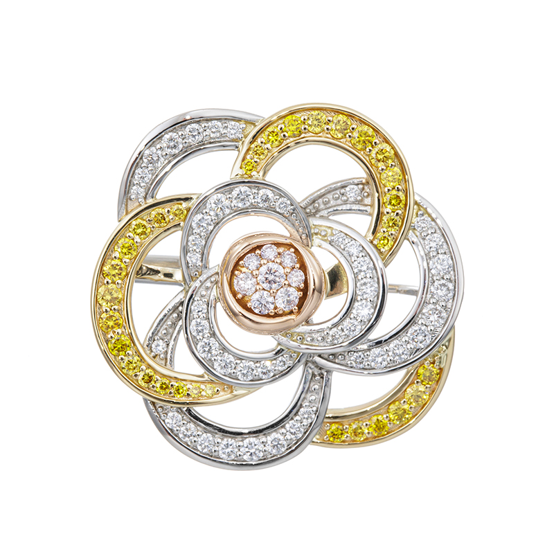 PT950/K18YG/PGダイヤモンド&ファンシーイエローダイヤ&ピンクダイヤペンダントブローチ