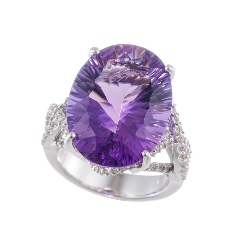 パラジウムシルバー950 コンケーブカット アメシスト 天然ホワイトジルコン リング