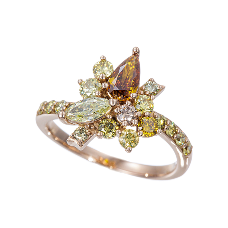 K18PGファンシーライトイエローダイヤモンド&ダイヤリングYD約0.20ct(SI1)