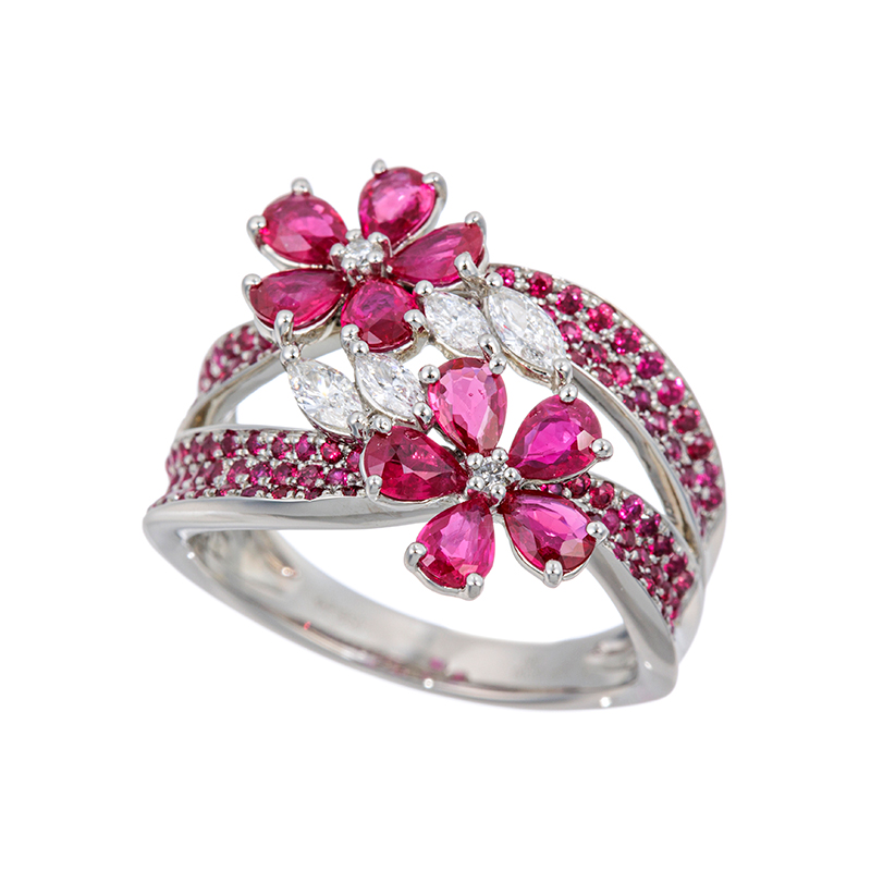 PT950 ルビー ダイヤ デュアル・ブルーム リング RB 約1.90ct D 約0.20ct