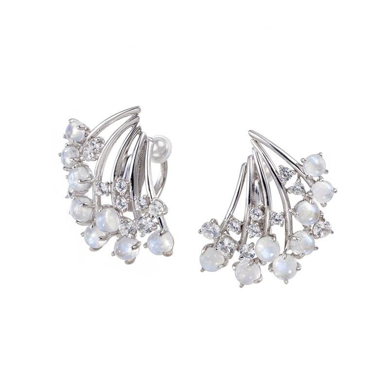 パラジウムシルバー950 レインボームーンストーン 天然ホワイトジルコン Mia フェザータッチイヤ