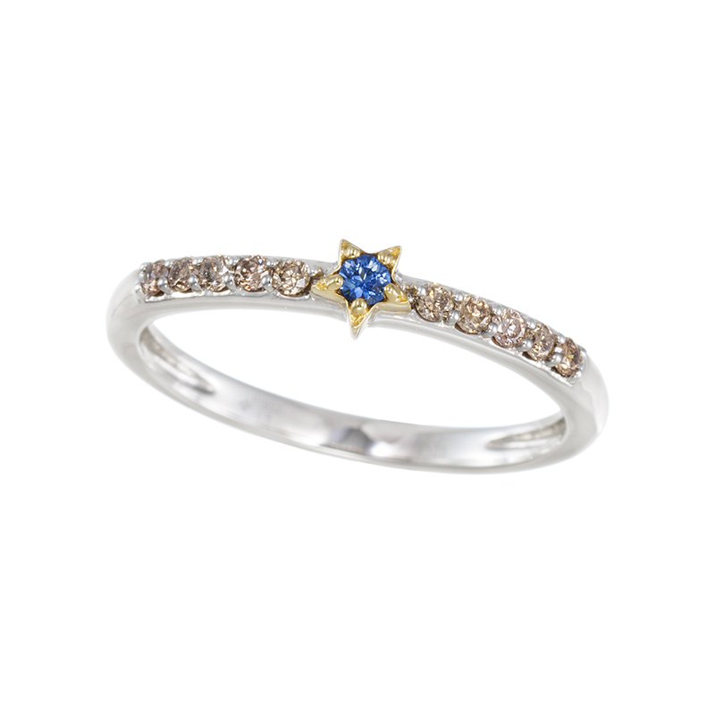 PT950/K18YG ライトブルーサファイア ブラウンダイヤ リング 