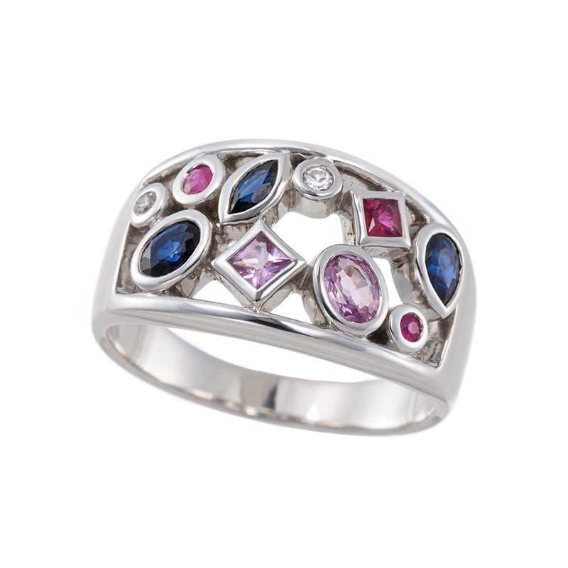 パラジウムシルバー950 サファイア & ピンクサファイア ルビー 天然ホワイトジルコン リング