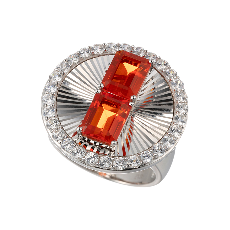 パラジウムシルバー950 ファイアオパール 天然ホワイトジルコン キラキラ彫り リング