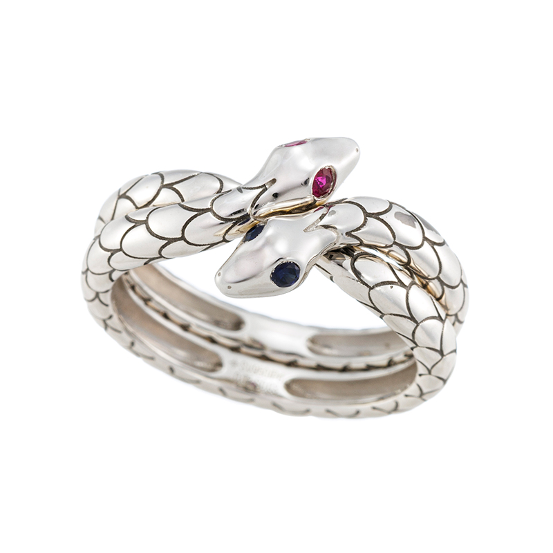 パラジウムシルバー950ルビーサファイアSnakeGimmelリングRB0.03ctSA0.03ct