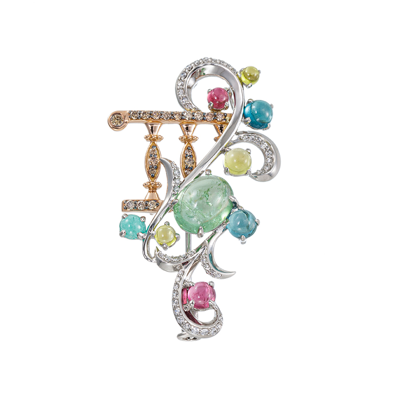 PTK18トルマリンルベライトダイヤガーデンペンブローチT2.00ctT0.70ctT0.32ct 