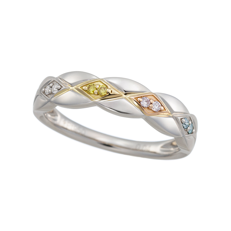 PT950/PG/YG ピンクダイヤ&イエローダイヤ&アイスブルーダイヤ&ダイヤ 4種のダイヤリング