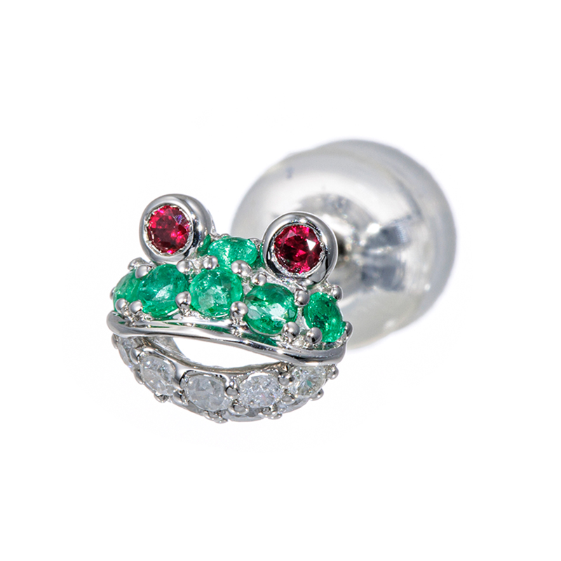 PT950 ザンビア産エメラルド スノーダイヤ ルビー Gem Frog シングルピアス