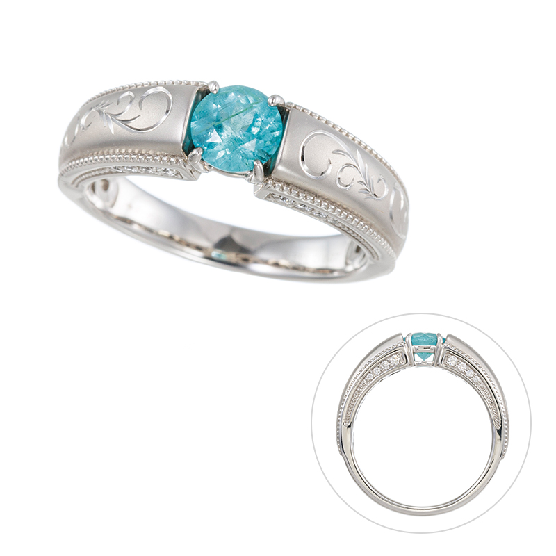 PT950ブラジル産非加熱パライバトルマリンダイヤ手彫りリングPRT0.595ctD0.07ct