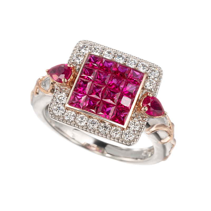 PT950/K18PGルビーダイヤミステリーセッティングリングRB約1.20ctD約0.28ct