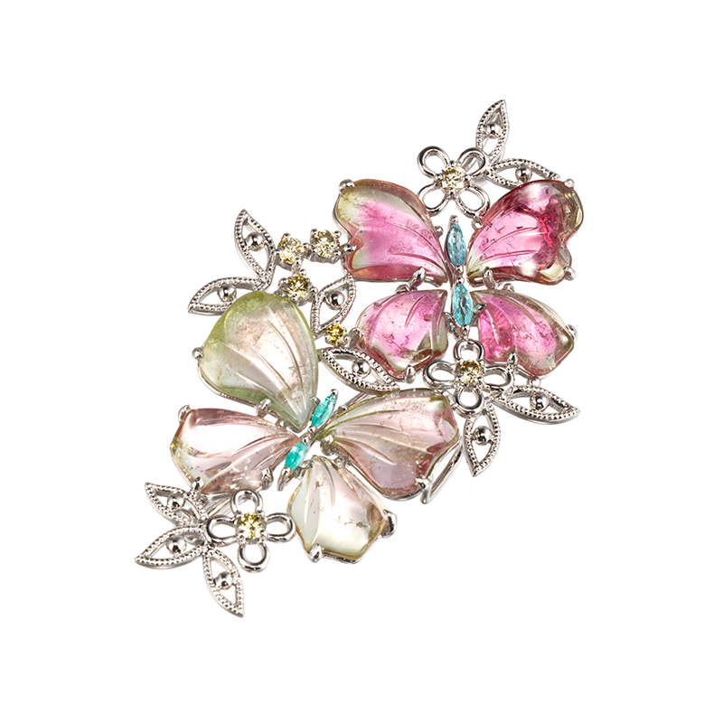 PT950バイカラ－トルマリン&ブラジル産パライバトルマリングリーンイエローダイヤペンダントブローチ