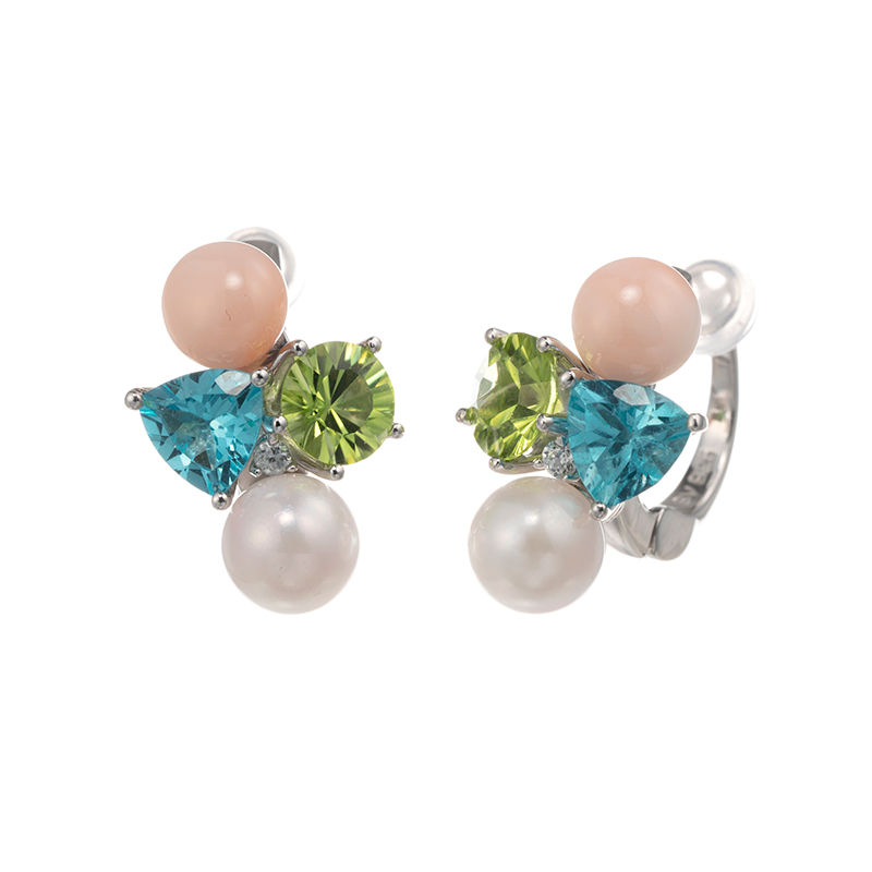 パラシル モモサンゴ コンケーブカット ペリドット アパタイト アコヤ真珠 フェザータッチイヤリング