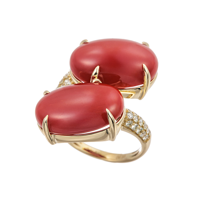 K18YG 血赤サンゴ ダイヤ リング COR 19.10ct D 0.37ct 