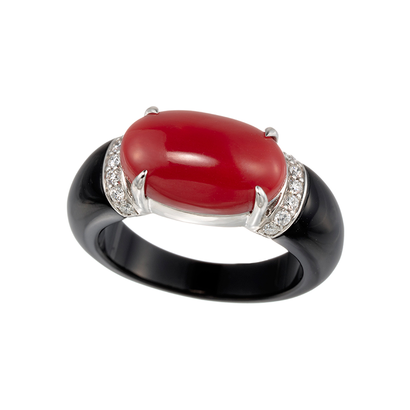 PT950 血赤サンゴ ダイヤ オニキス リング COR 約4.00ct D 約0.10ct