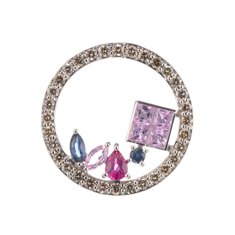 PT950 ピンクサファイア & サファイア ルビー ブラウンダイヤ ミステリーセッティング ペンダ