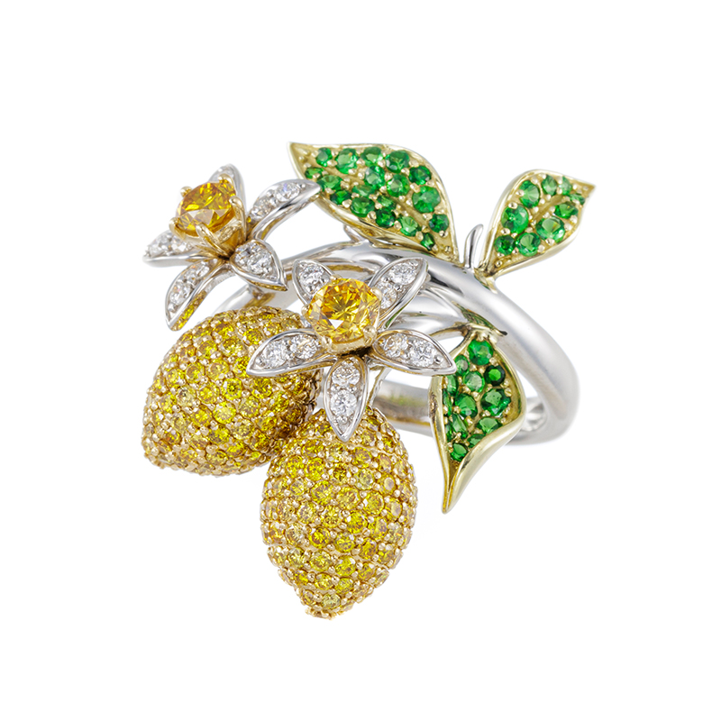 PT950/K18YG/GG ファンシーヴィヴィッドイエローダイヤモンド & ダイヤ ツァボライト 