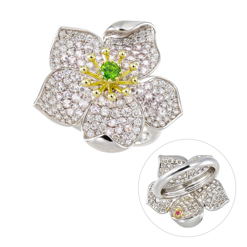 PT950/K18GG/YG ウラル産デマントイドガーネット モルガナイト ダイヤ ルビー へレボル