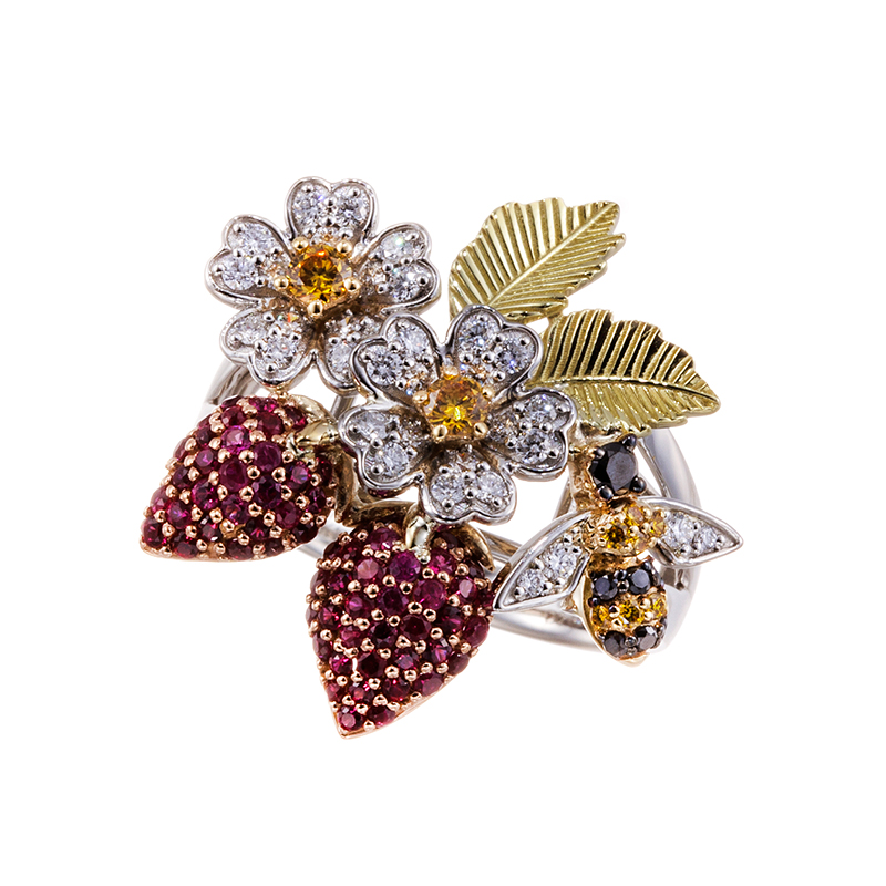 PT950/K18YG/GG/PG ルビー ダイヤ & ファンシーヴィヴィッドイエローダイヤ & ブ