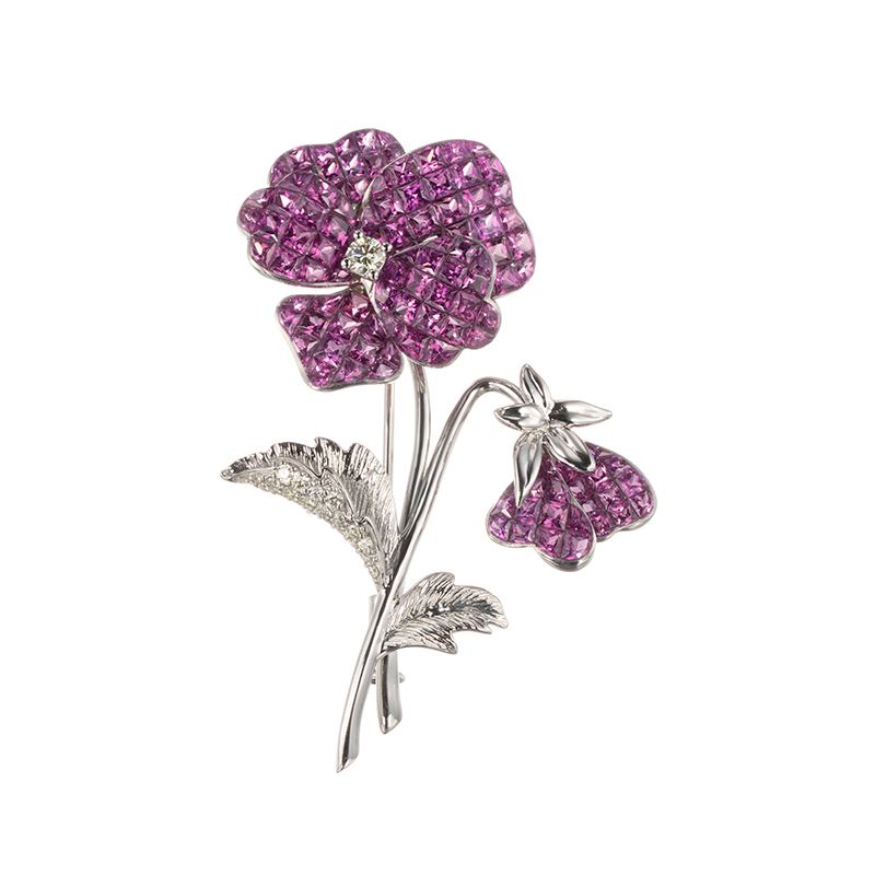 PT950 グレープガーネット ダイヤ パンジー ミステリーセッティング ブローチ GA 約5.20
