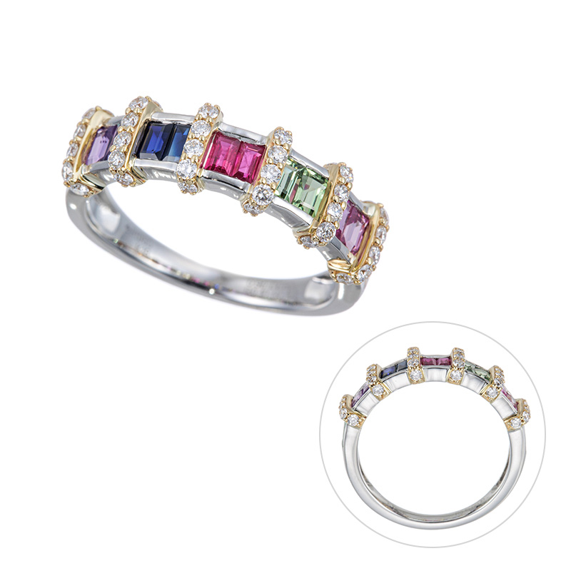 PT950/K18YG サファイア ルビー ツァボライト ダイヤ Rainbow リング