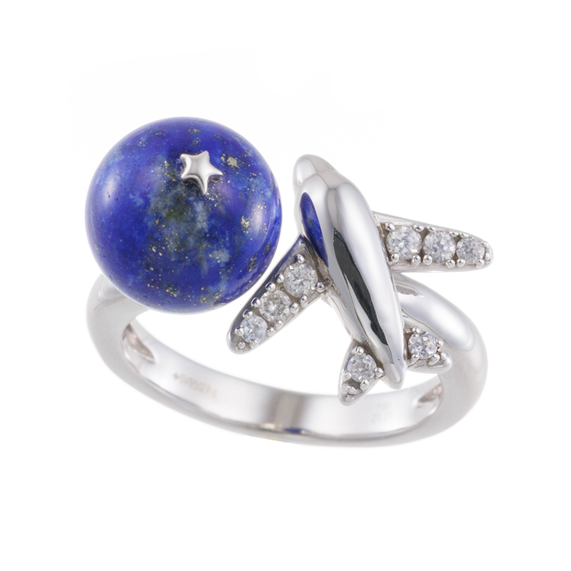 パラジウムシルバー950ラピスラズリ天然ホワイトジルコンAroundTheWorldリング
