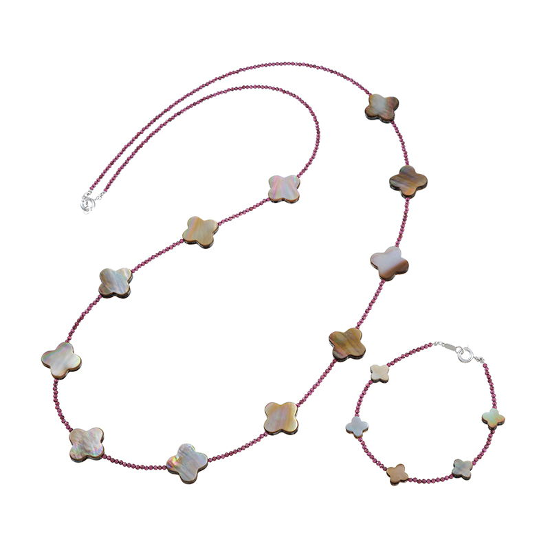 SVロードライトガーネットブラウン蝶貝ネックレス&ブレスレット2点セットGA約28.00ct