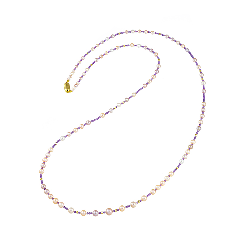 SV無核淡水真珠ナチュラルマルチカラーアメシストデザインロングネックレス
